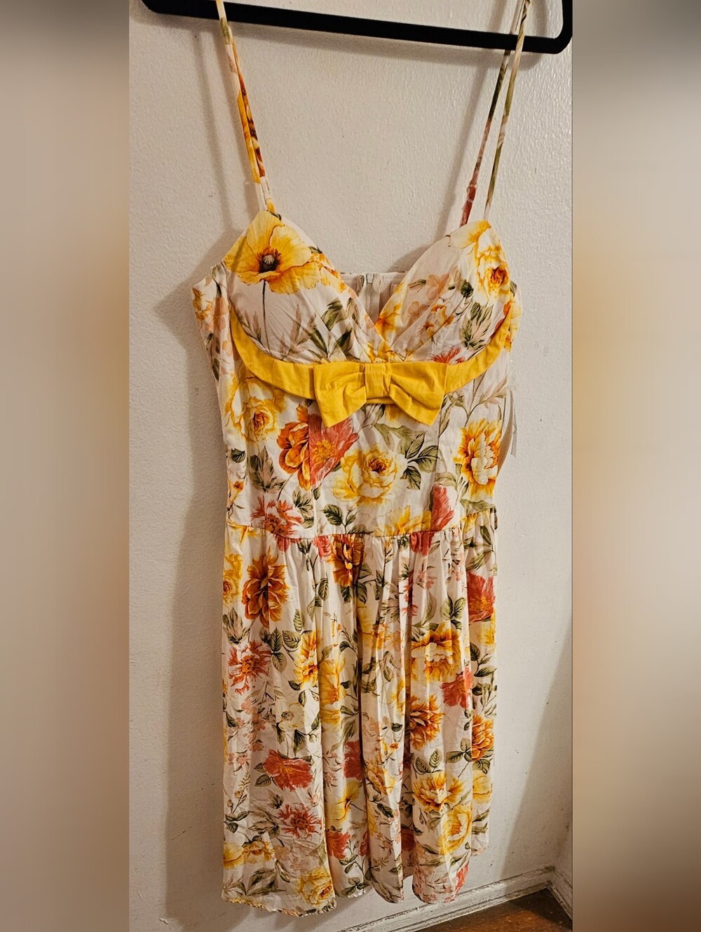 Katia Rae - Yellow/Orange Floral  Sundress w/yellow Bow At Front Waist.